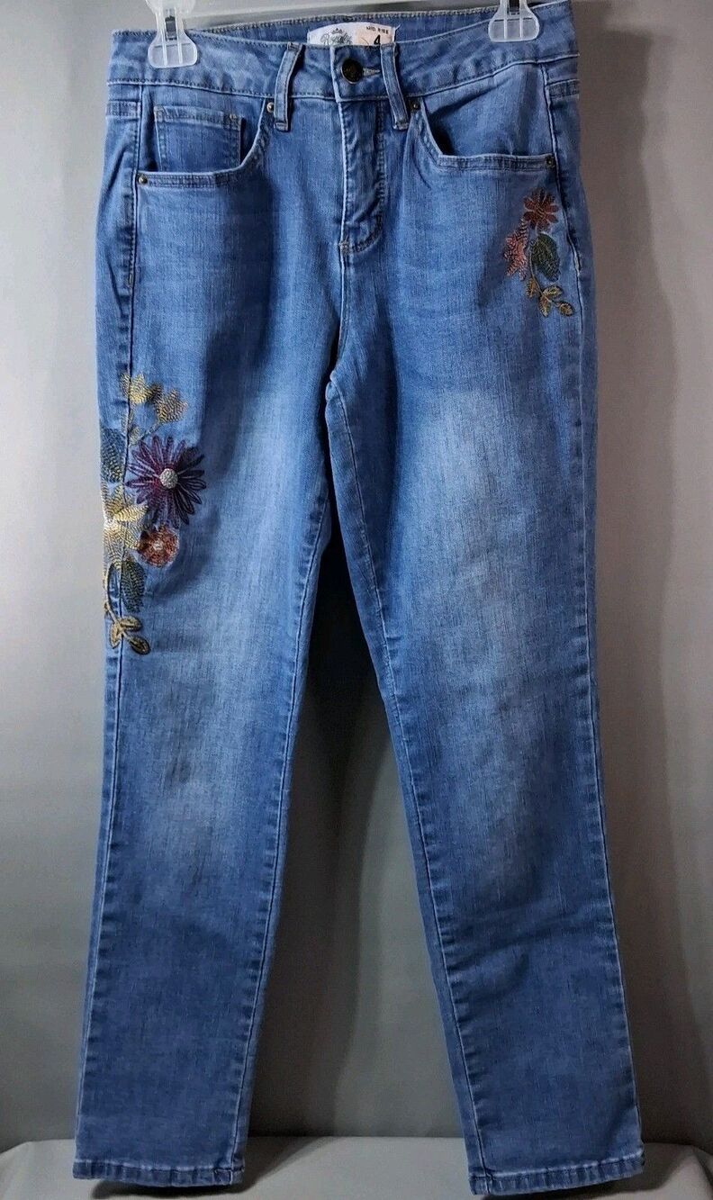 Royalty For Me Floral Embroidered Skinny Jeans Mid Rise Denim Sz 4 Boho Whimsy